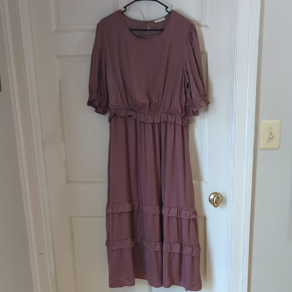 Mauve Satin Ruffle Trim Maternity Midi Dress XL